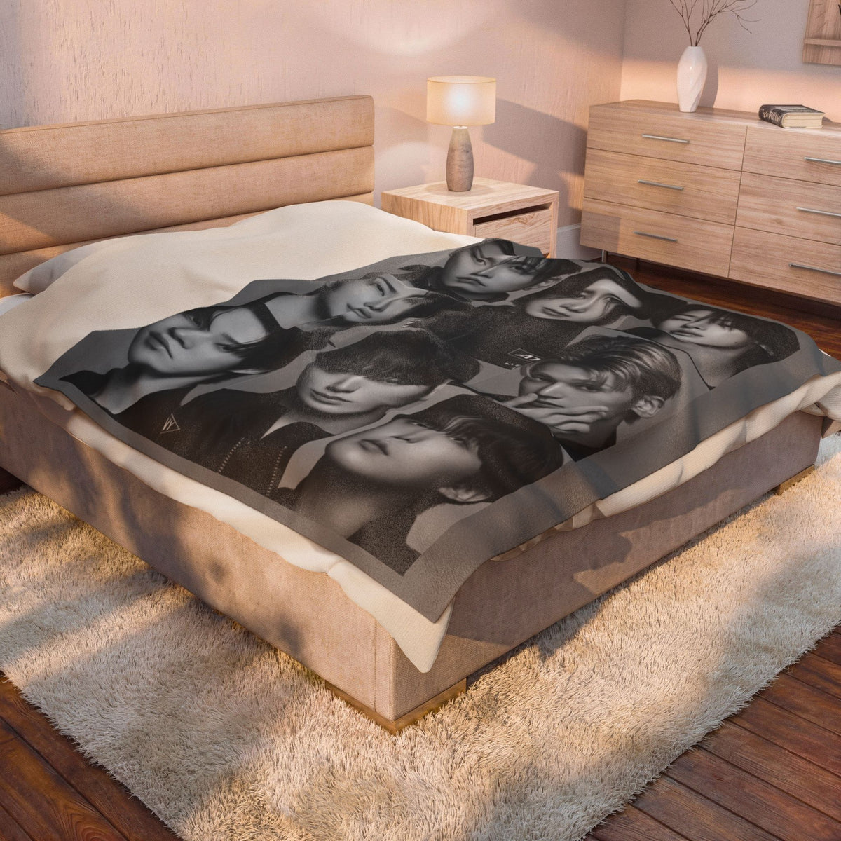 Ateez Inspired Group Photo Grayscale Velveteen Plush Blanket
