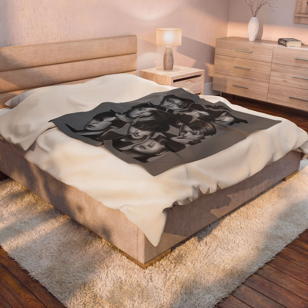 Ateez Inspired Group Photo Grayscale Velveteen Plush Blanket