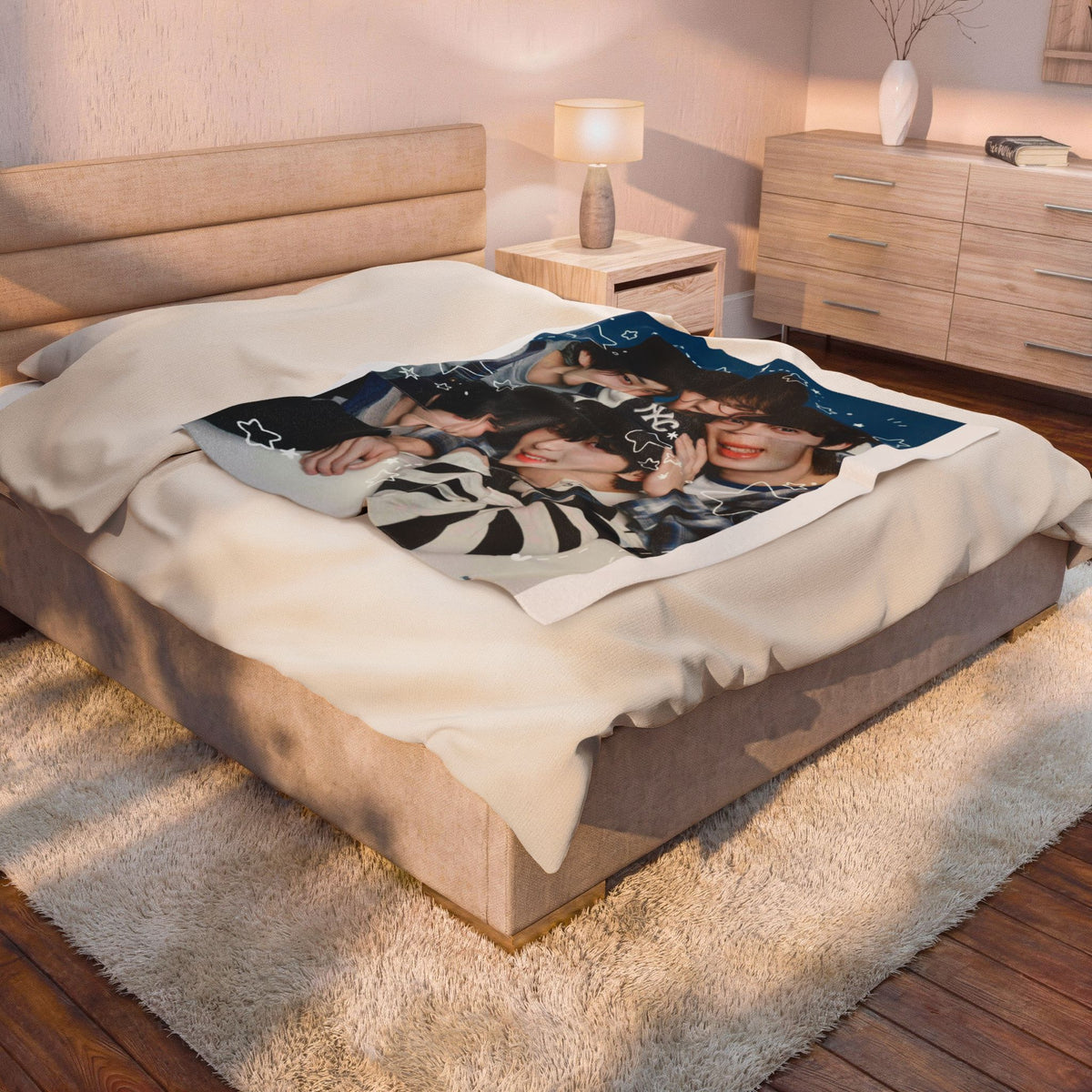 TXT Tomorrow By Together Inspired Blue Group Photo Velveteen Plush Blanket