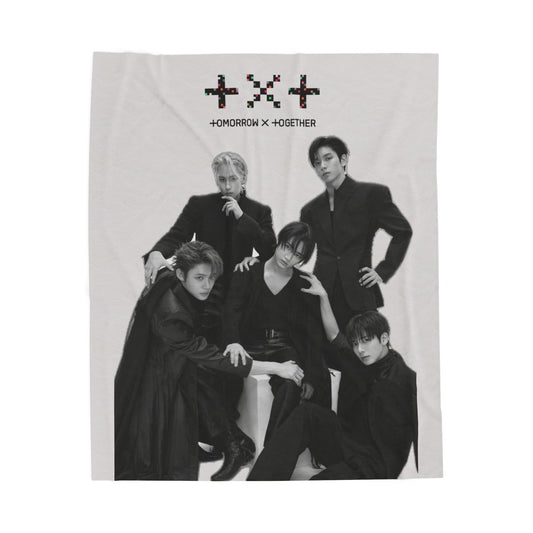 TXT Tomorrow By Together Inspired Grayscale Group Photo Velveteen Plush Blanket