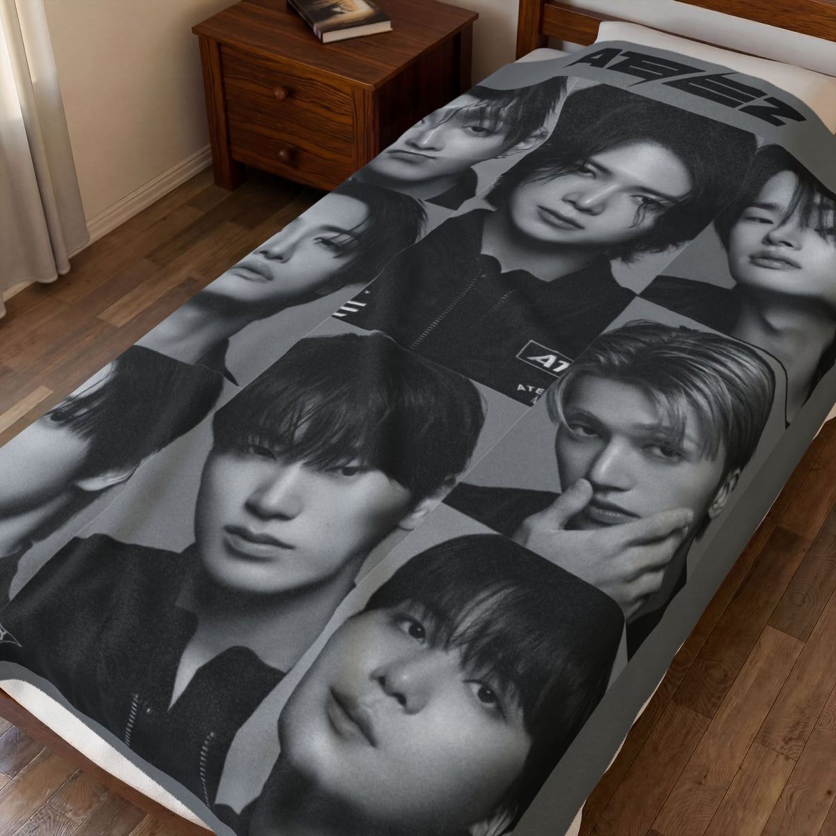 Ateez Inspired Group Photo Grayscale Velveteen Plush Blanket