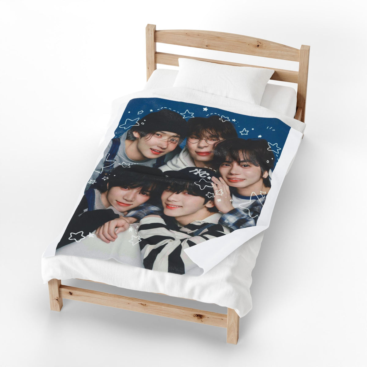 TXT Tomorrow By Together Inspired Blue Group Photo Velveteen Plush Blanket