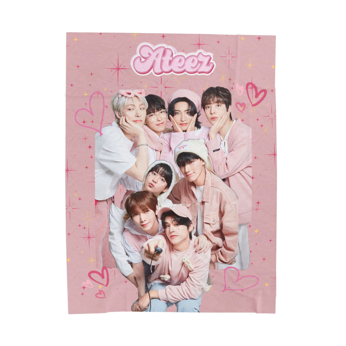 Ateez Inspired Group Photo Cute Pink Velveteen Plush Blanket