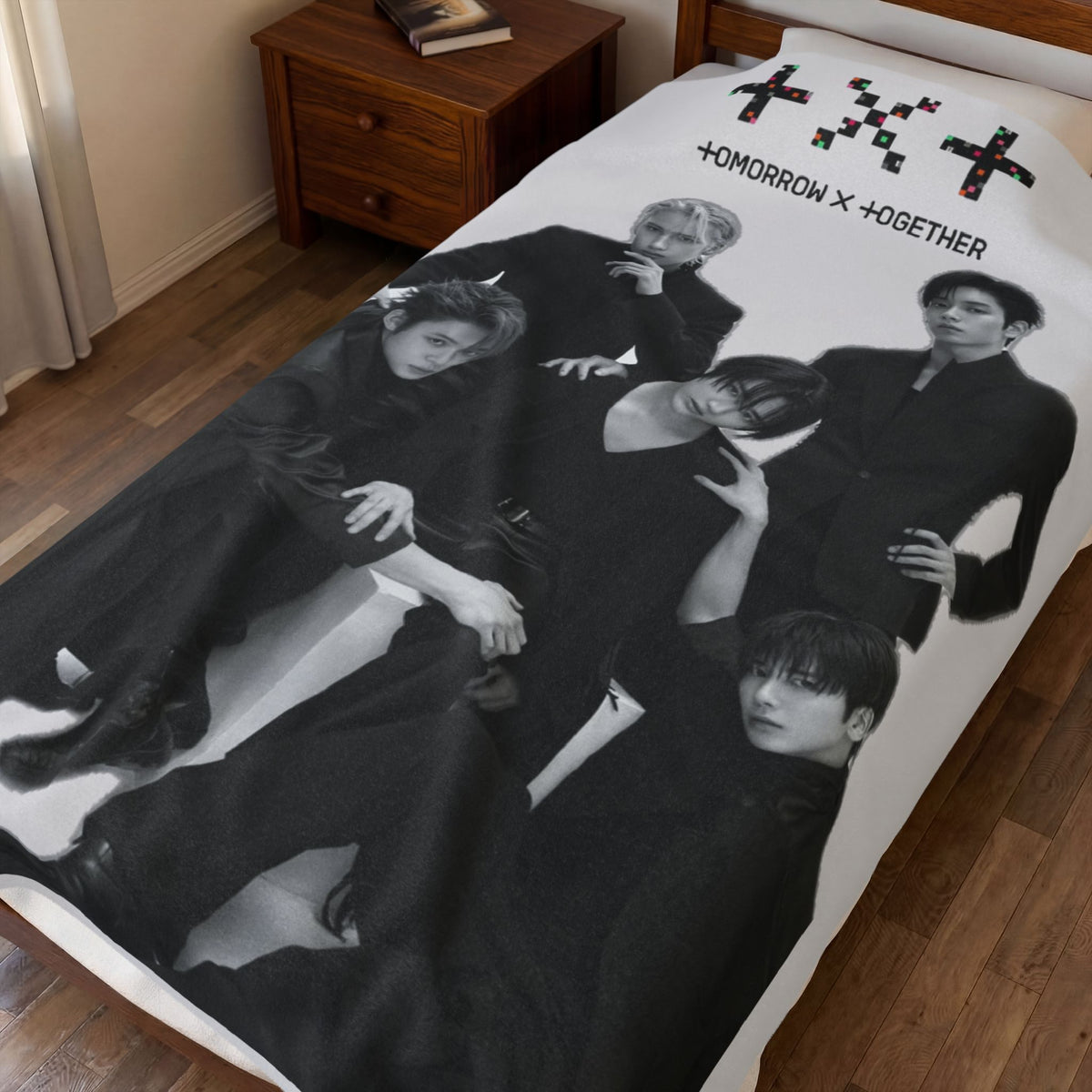 TXT Tomorrow By Together Inspired Grayscale Group Photo Velveteen Plush Blanket