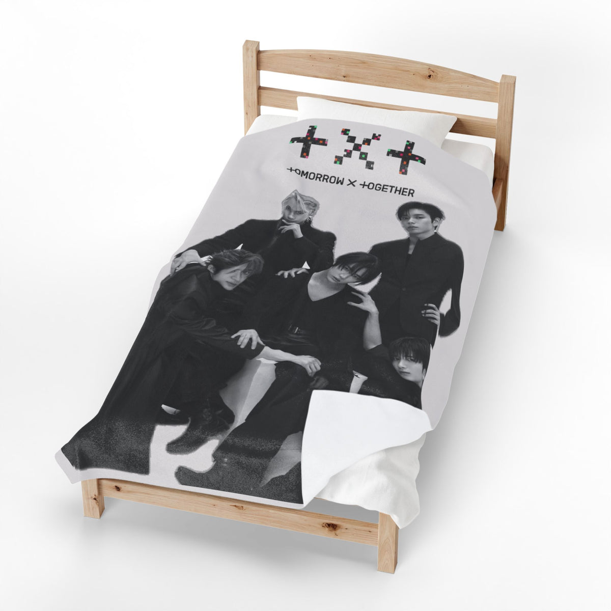 TXT Tomorrow By Together Inspired Grayscale Group Photo Velveteen Plush Blanket