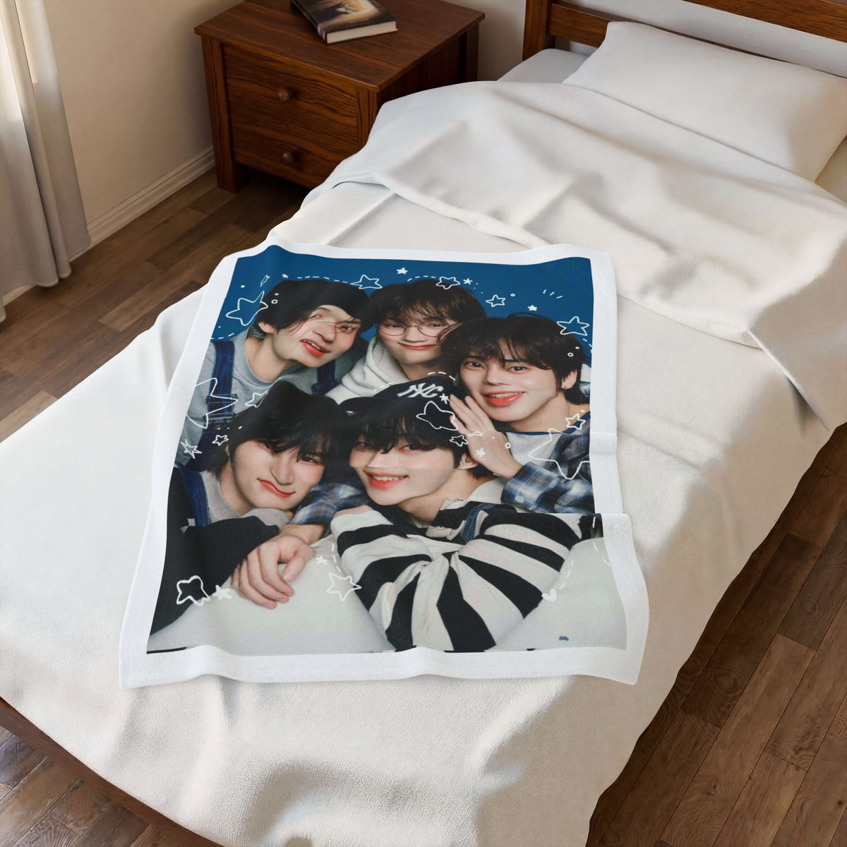 TXT Tomorrow By Together Inspired Blue Group Photo Velveteen Plush Blanket