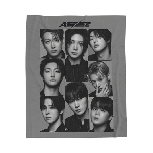 Ateez Inspired Group Photo Grayscale Velveteen Plush Blanket