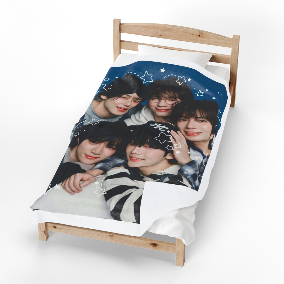 TXT Tomorrow By Together Inspired Blue Group Photo Velveteen Plush Blanket