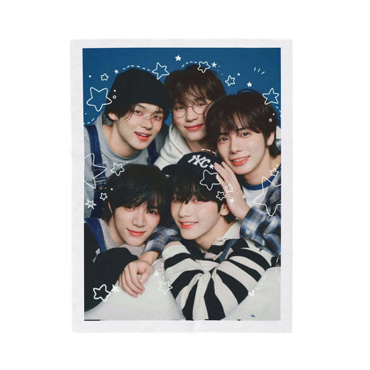 TXT Tomorrow By Together Inspired Blue Group Photo Velveteen Plush Blanket
