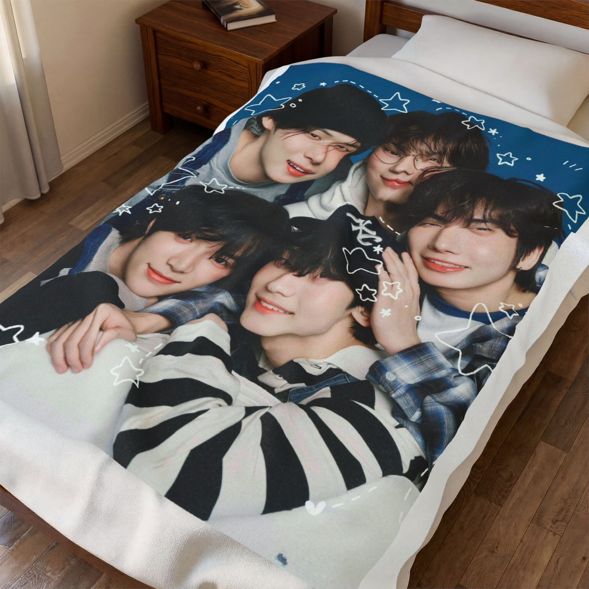TXT Tomorrow By Together Inspired Blue Group Photo Velveteen Plush Blanket