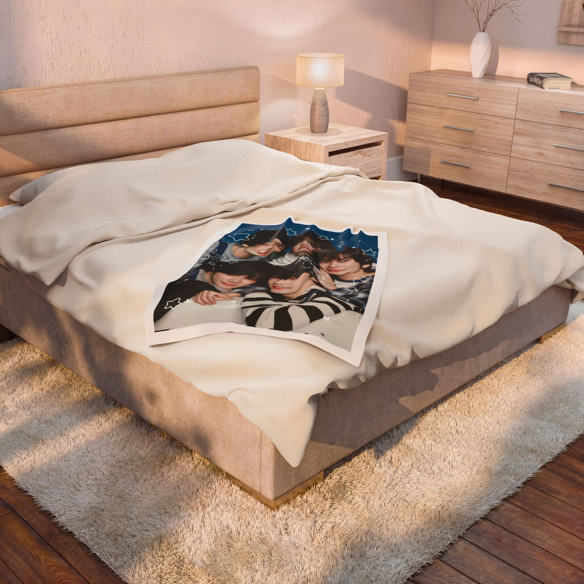 TXT Tomorrow By Together Inspired Blue Group Photo Velveteen Plush Blanket