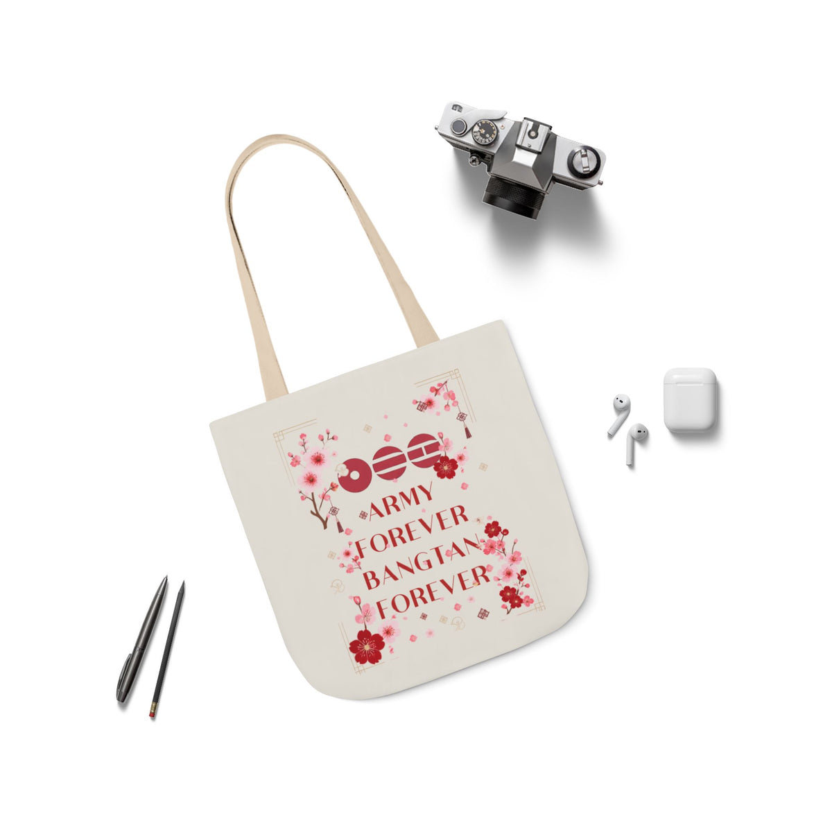 K-pop inspired Flower Canvas Tote Bag, 5-Color Straps