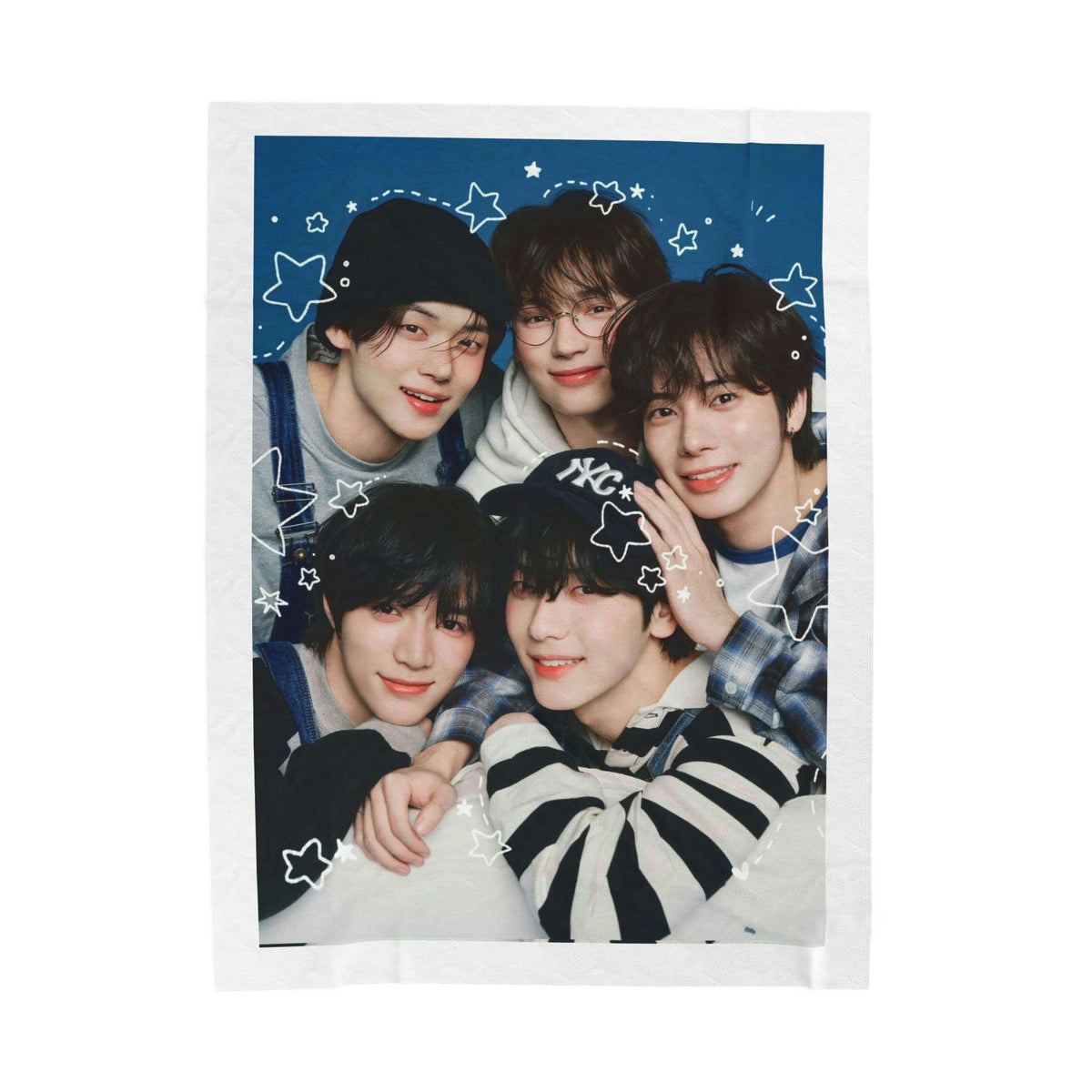 TXT Tomorrow By Together Inspired Blue Group Photo Velveteen Plush Blanket