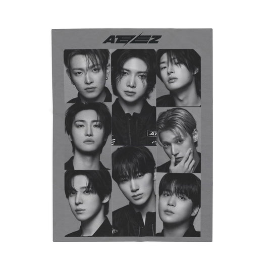 Ateez Inspired Group Photo Grayscale Velveteen Plush Blanket