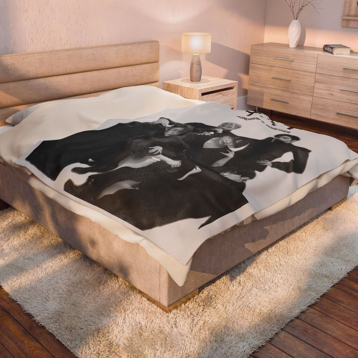 TXT Tomorrow By Together Inspired Grayscale Group Photo Velveteen Plush Blanket
