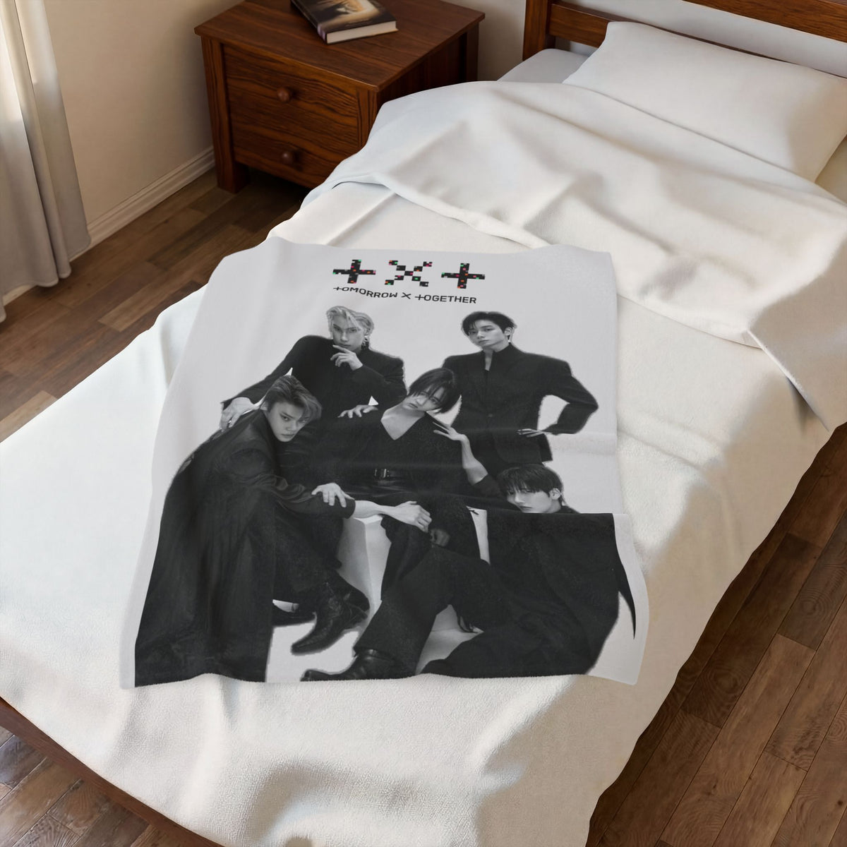 TXT Tomorrow By Together Inspired Grayscale Group Photo Velveteen Plush Blanket