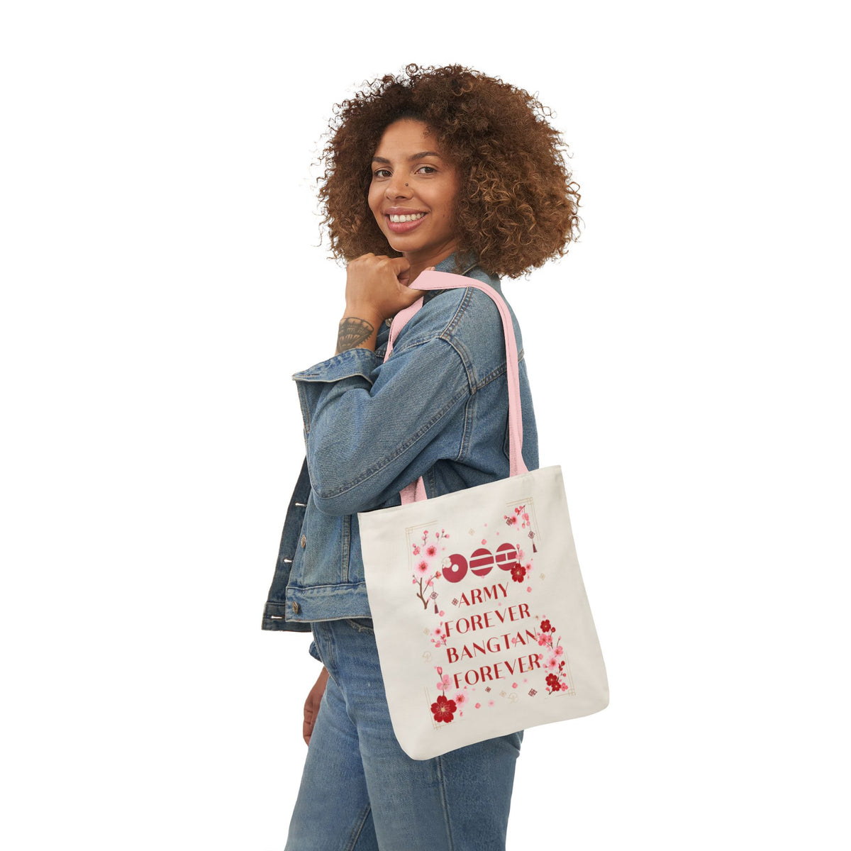 K-pop inspired Flower Canvas Tote Bag, 5-Color Straps