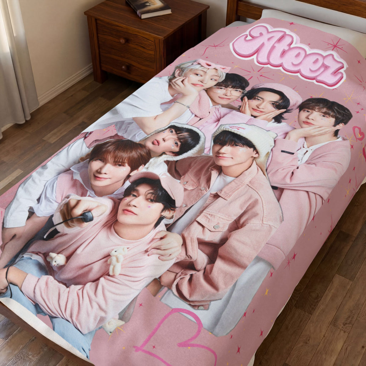 Ateez Inspired Group Photo Cute Pink Velveteen Plush Blanket