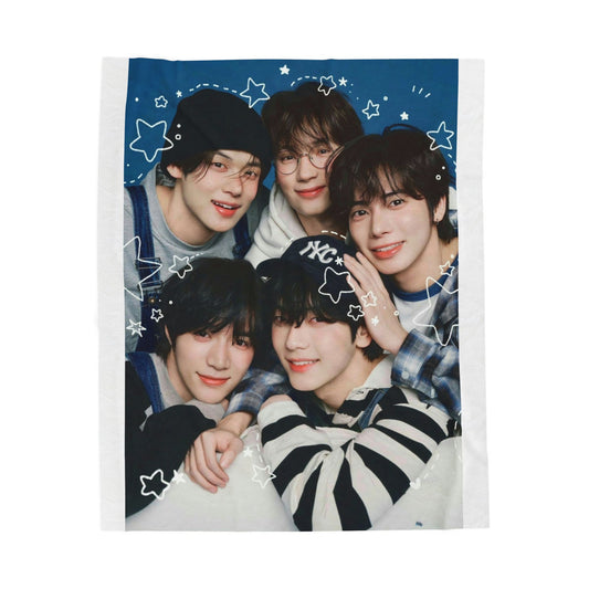 TXT Tomorrow By Together Inspired Blue Group Photo Velveteen Plush Blanket
