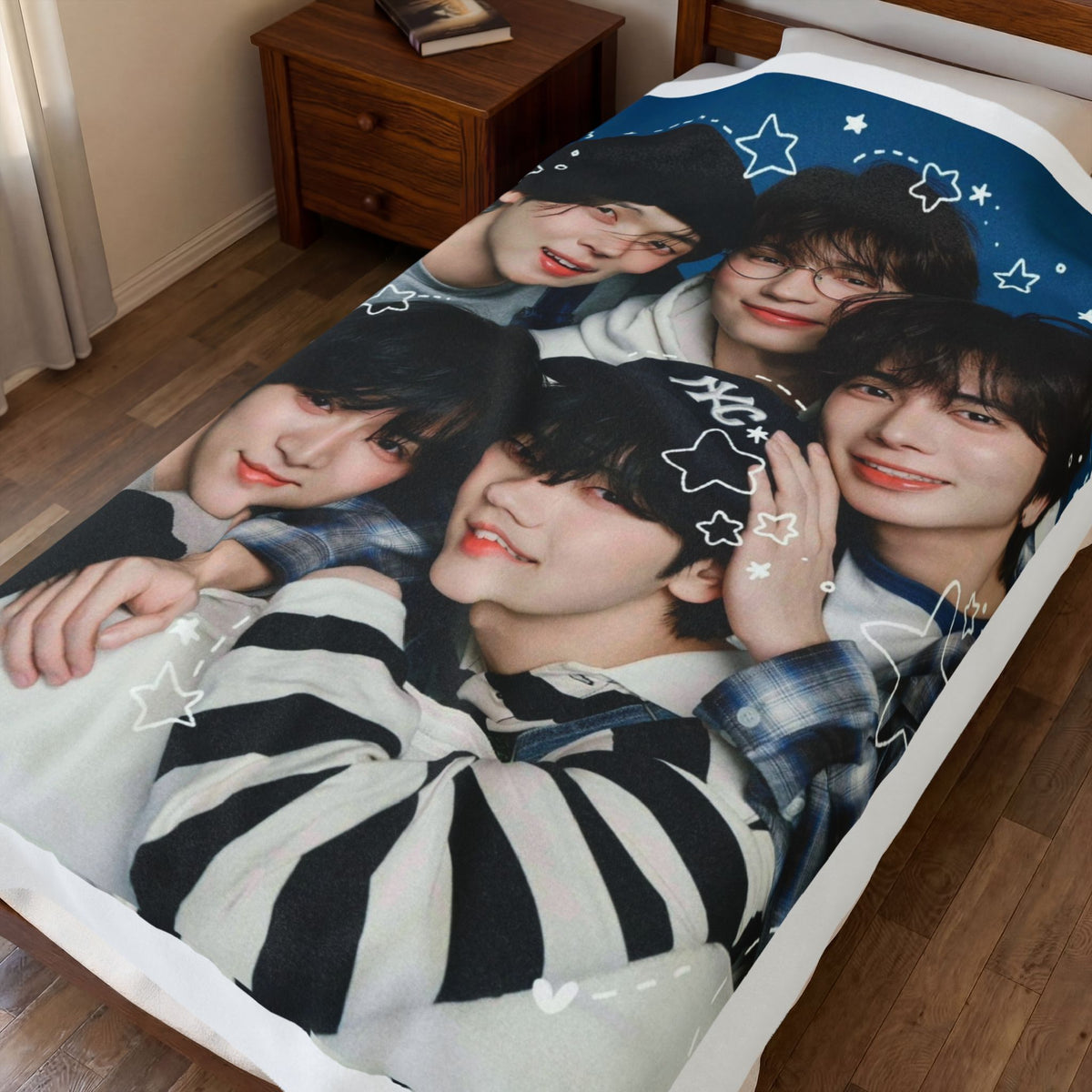 TXT Tomorrow By Together Inspired Blue Group Photo Velveteen Plush Blanket