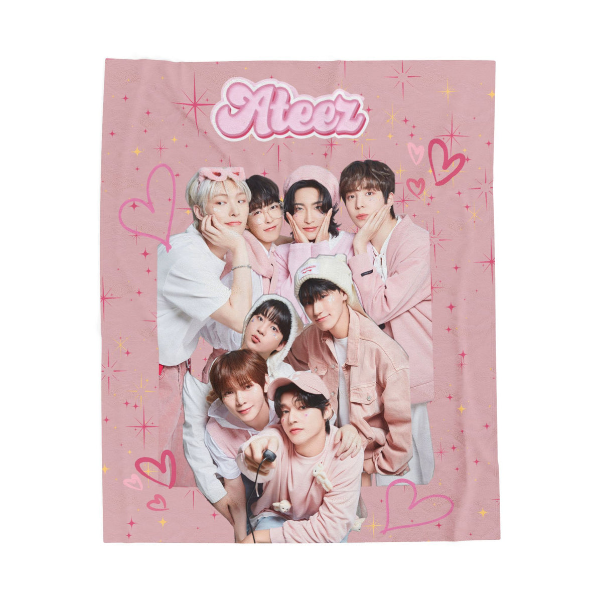 Ateez Inspired Group Photo Cute Pink Velveteen Plush Blanket