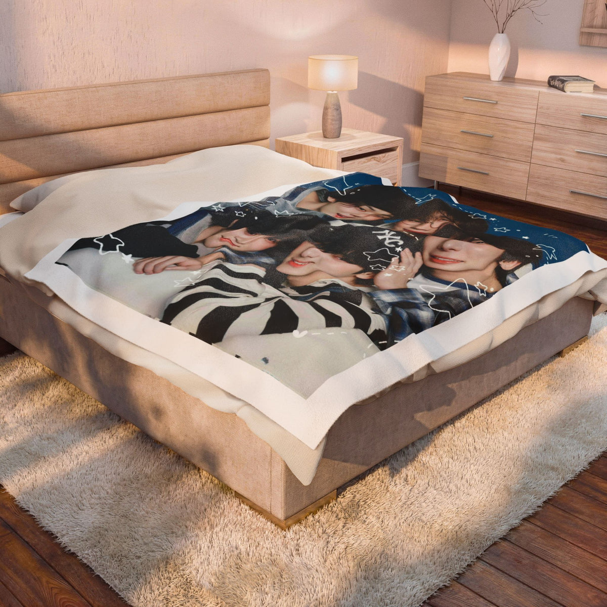 TXT Tomorrow By Together Inspired Blue Group Photo Velveteen Plush Blanket