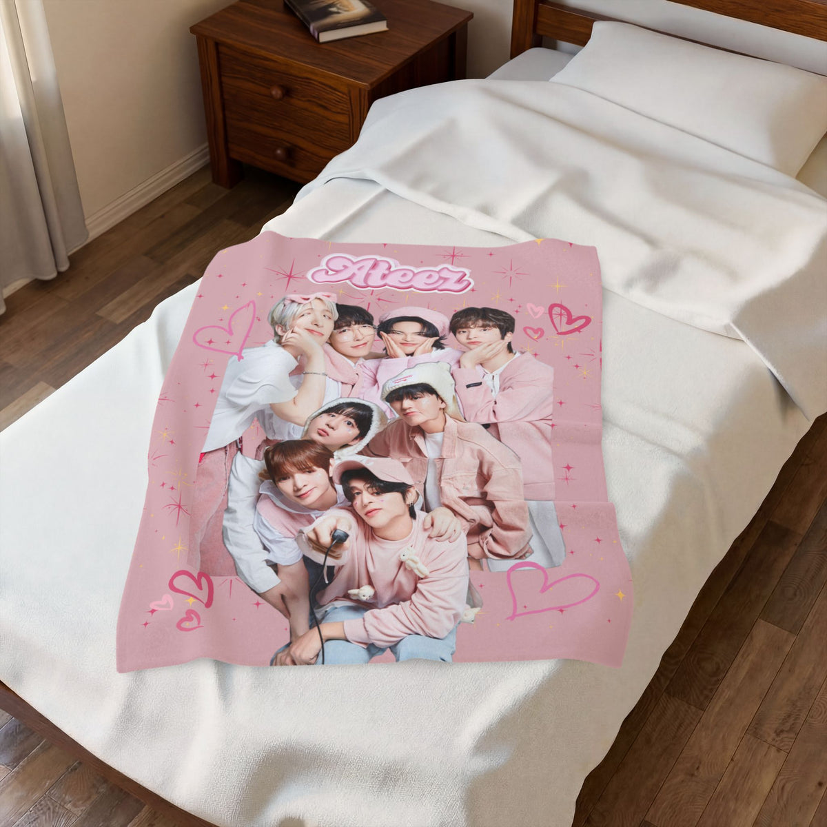 Ateez Inspired Group Photo Cute Pink Velveteen Plush Blanket