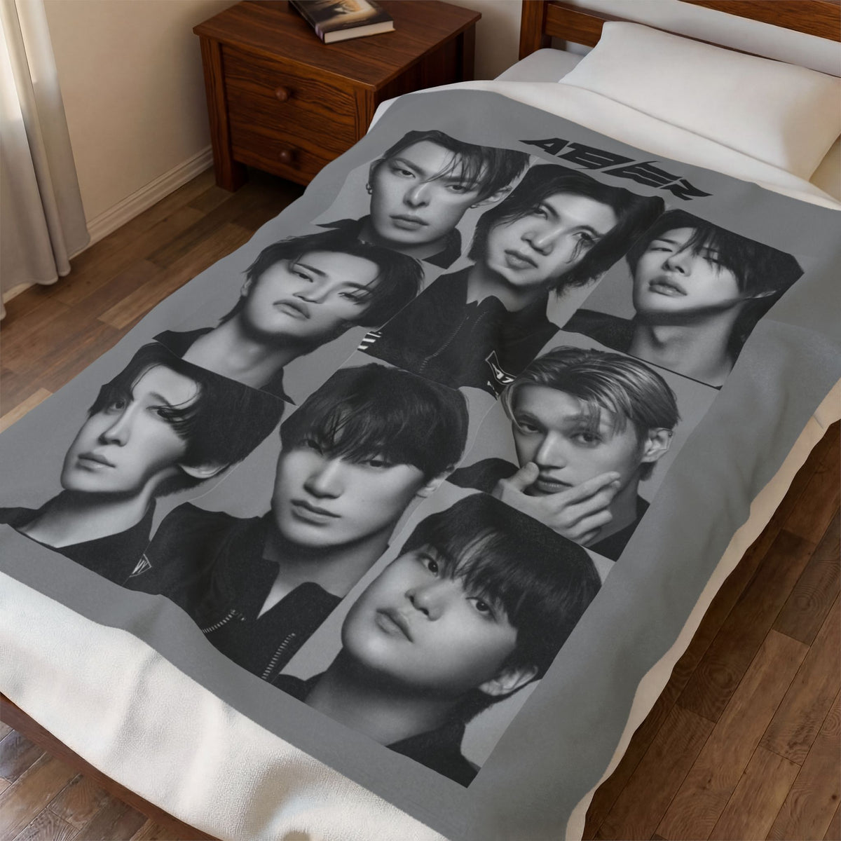 Ateez Inspired Group Photo Grayscale Velveteen Plush Blanket