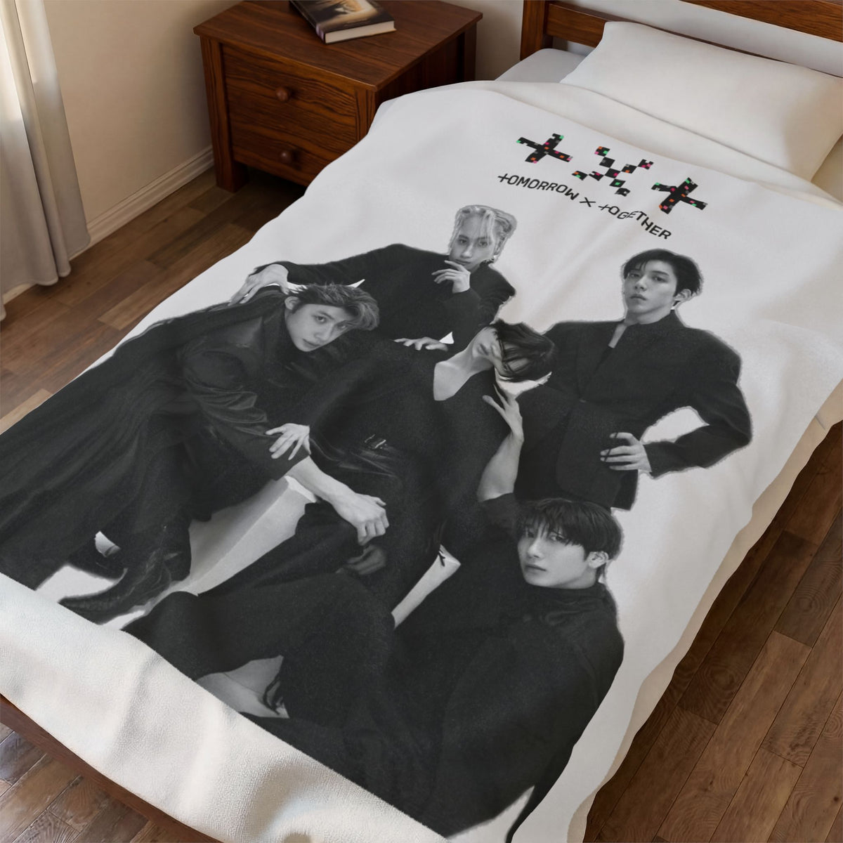 TXT Tomorrow By Together Inspired Grayscale Group Photo Velveteen Plush Blanket