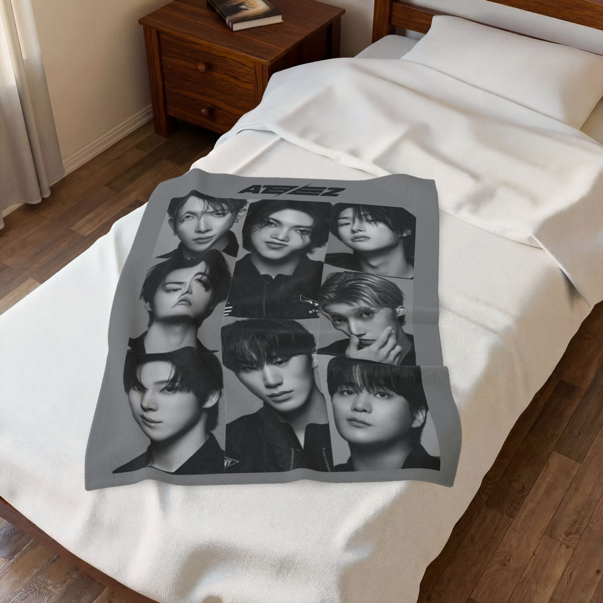 Ateez Inspired Group Photo Grayscale Velveteen Plush Blanket